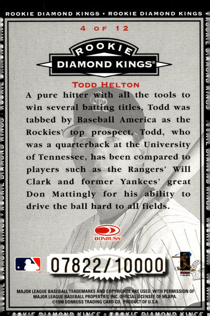 Todd Helton 1998 Donruss Diamond Kings RC 07822/10000 #4 - Collector Store LLC