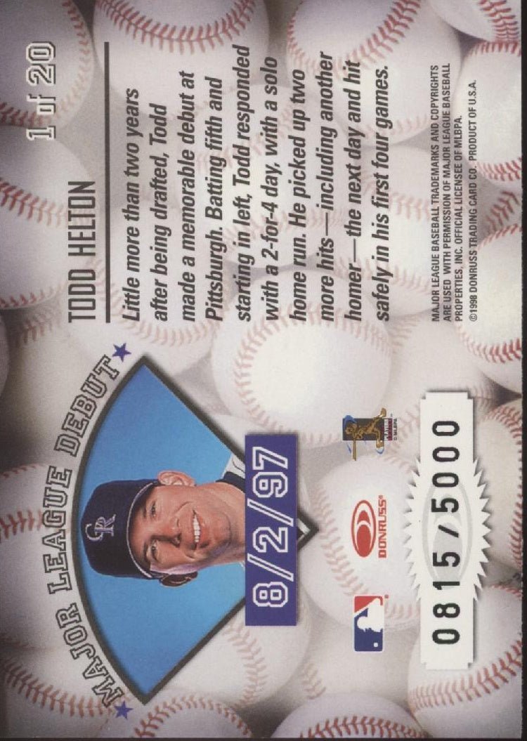 Todd Helton 1998 Leaf Rookies & Stars Freshman Orientation 0815/5000 #1 - Collector Store LLC