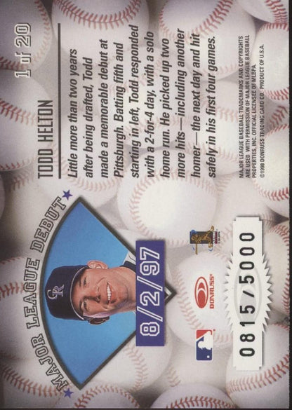 Todd Helton 1998 Leaf Rookies & Stars Freshman Orientation 0815/5000 #1 - Collector Store LLC