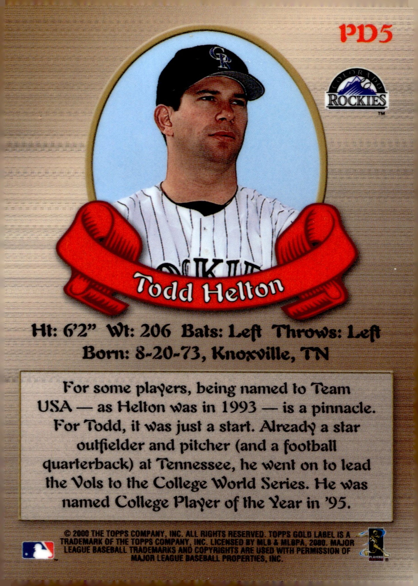 Todd Helton 2000 Topps Gold Label Prospector's Dream #PD5 - Collector Store LLC