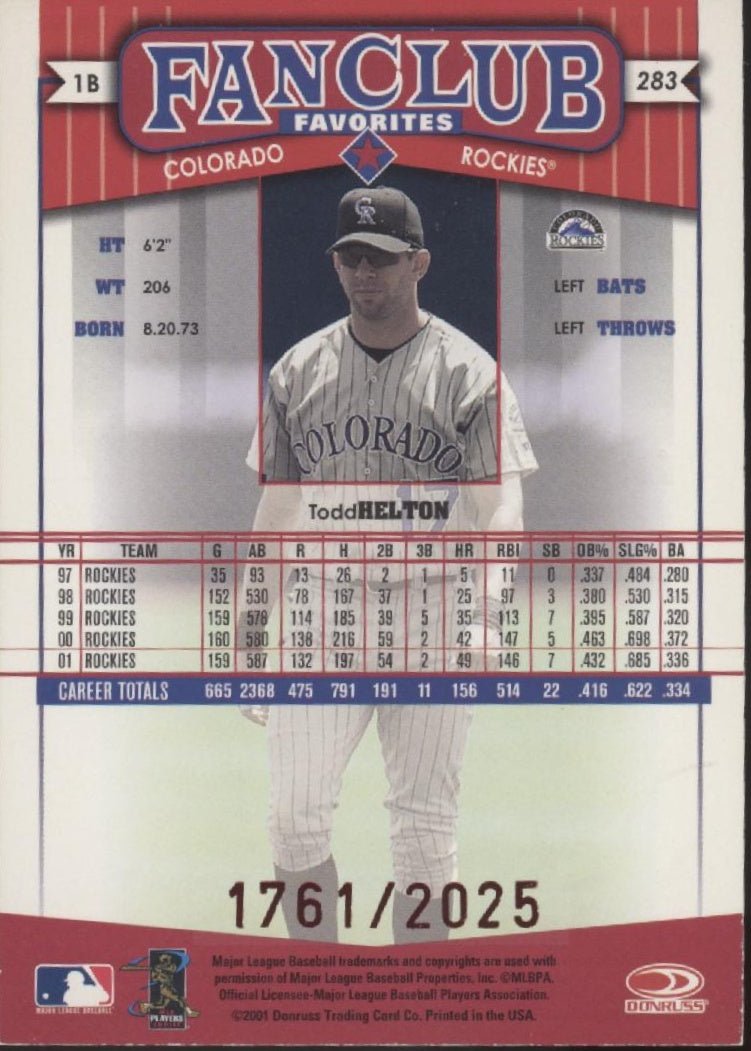 Todd Helton 2001 Donruss Best of Fan Club Favorites 1761/2025 #283 - Collector Store LLC