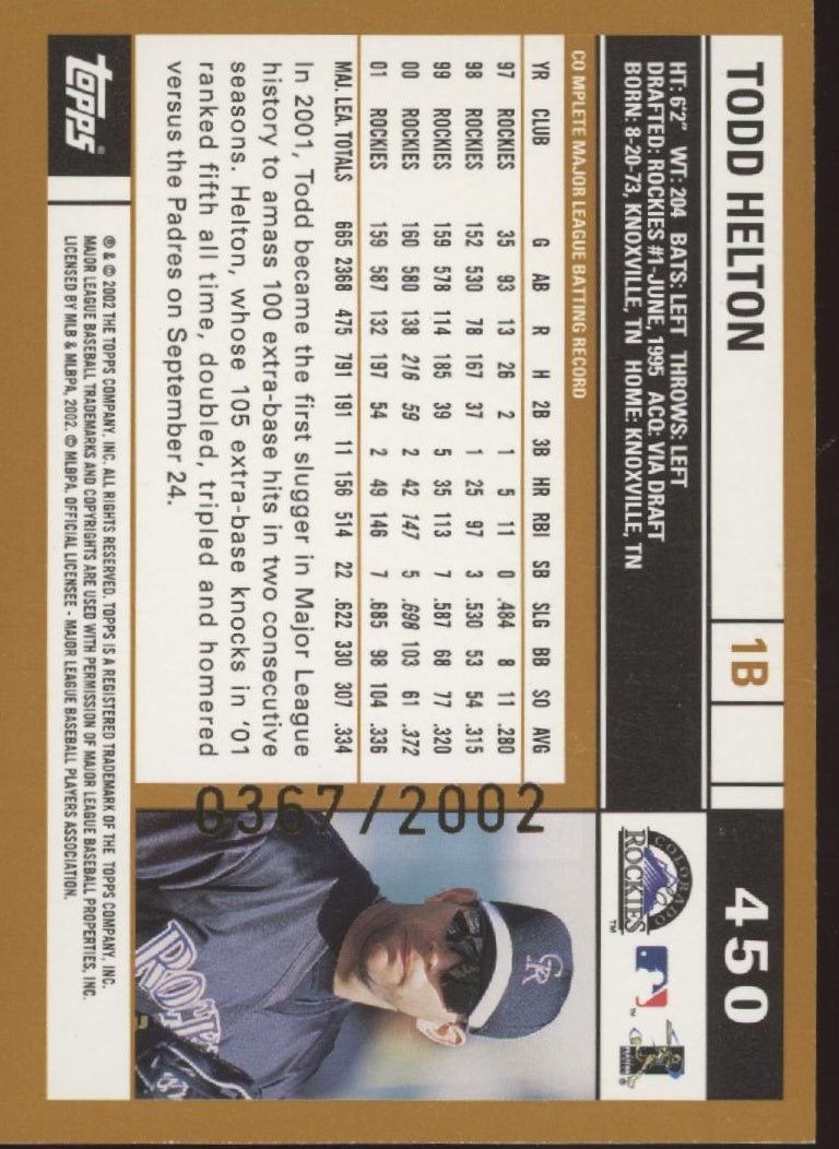 Todd Helton 2002 Topps 51 Years of Collecting Gold 0367/2002 450 - Collector Store LLC