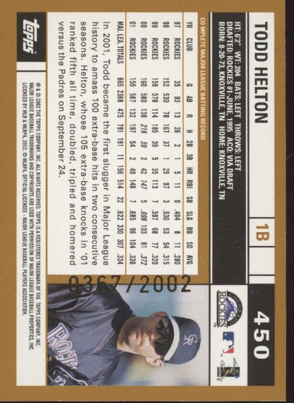 Todd Helton 2002 Topps 51 Years of Collecting Gold 0367/2002 450 - Collector Store LLC