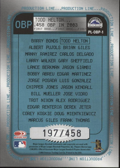 Todd Helton 2003 Donruss Production Line 197/458 - Collector Store LLC