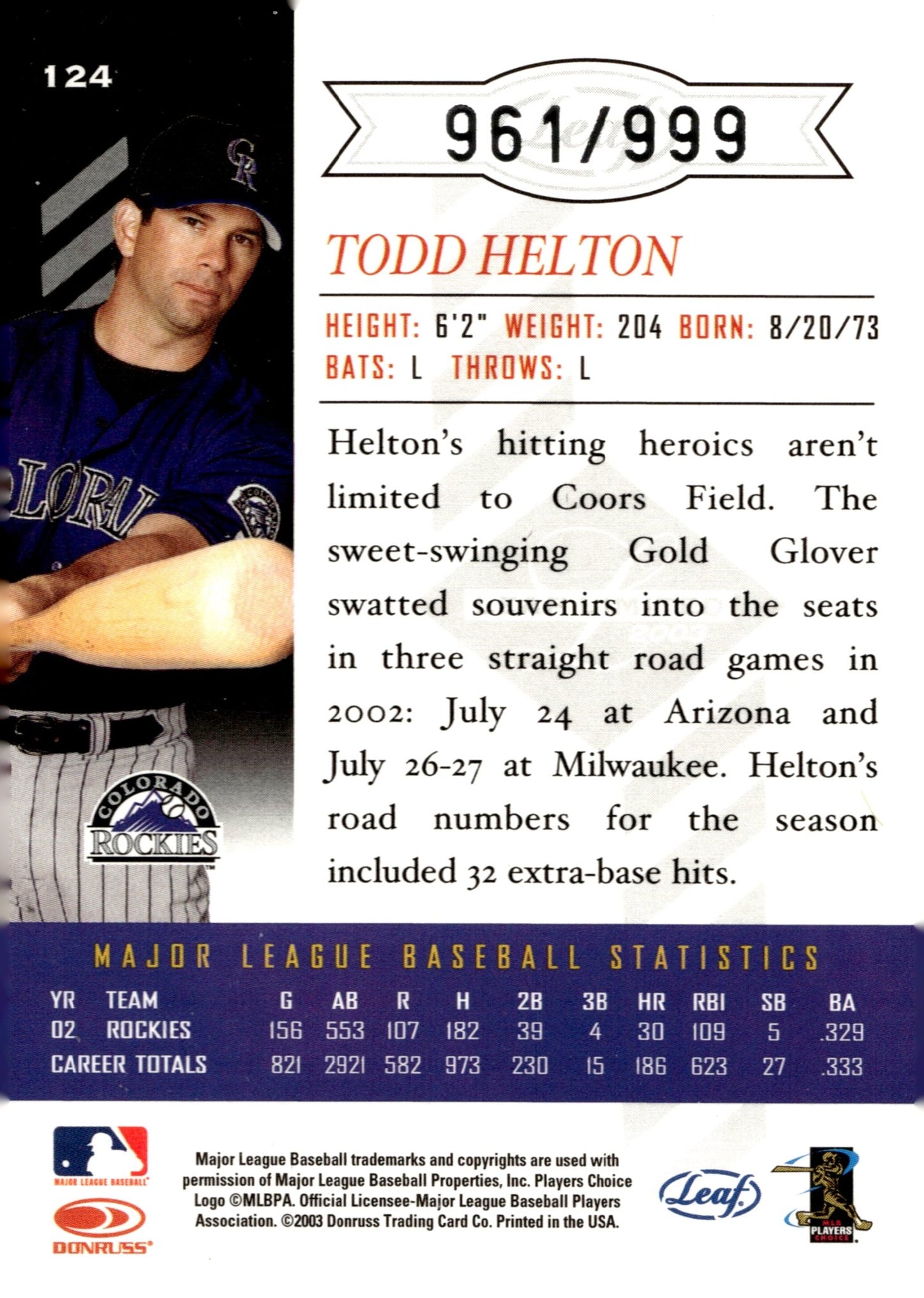 Todd Helton 2003 Leaf Limited 961/999 #124 - Collector Store LLC