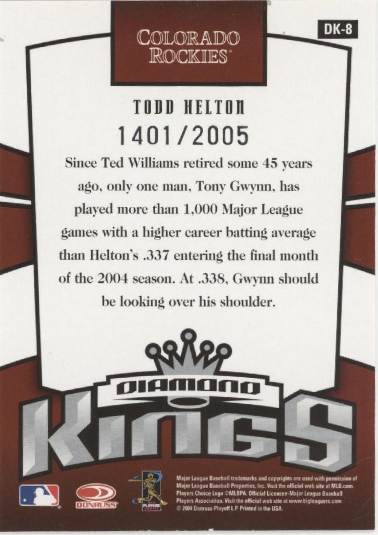 Todd Helton 2004 Donruss Diamond Kings 1401/2005 #DK - 8 - Collector Store LLC