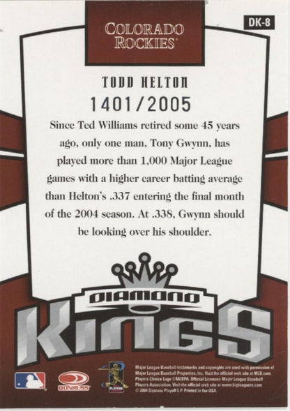 Todd Helton 2004 Donruss Diamond Kings 1401/2005 #DK - 8 - Collector Store LLC