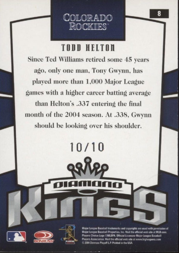 Todd Helton 2004 Donruss Diamond Kings Press Proof 10/10 #8 - Collector Store LLC