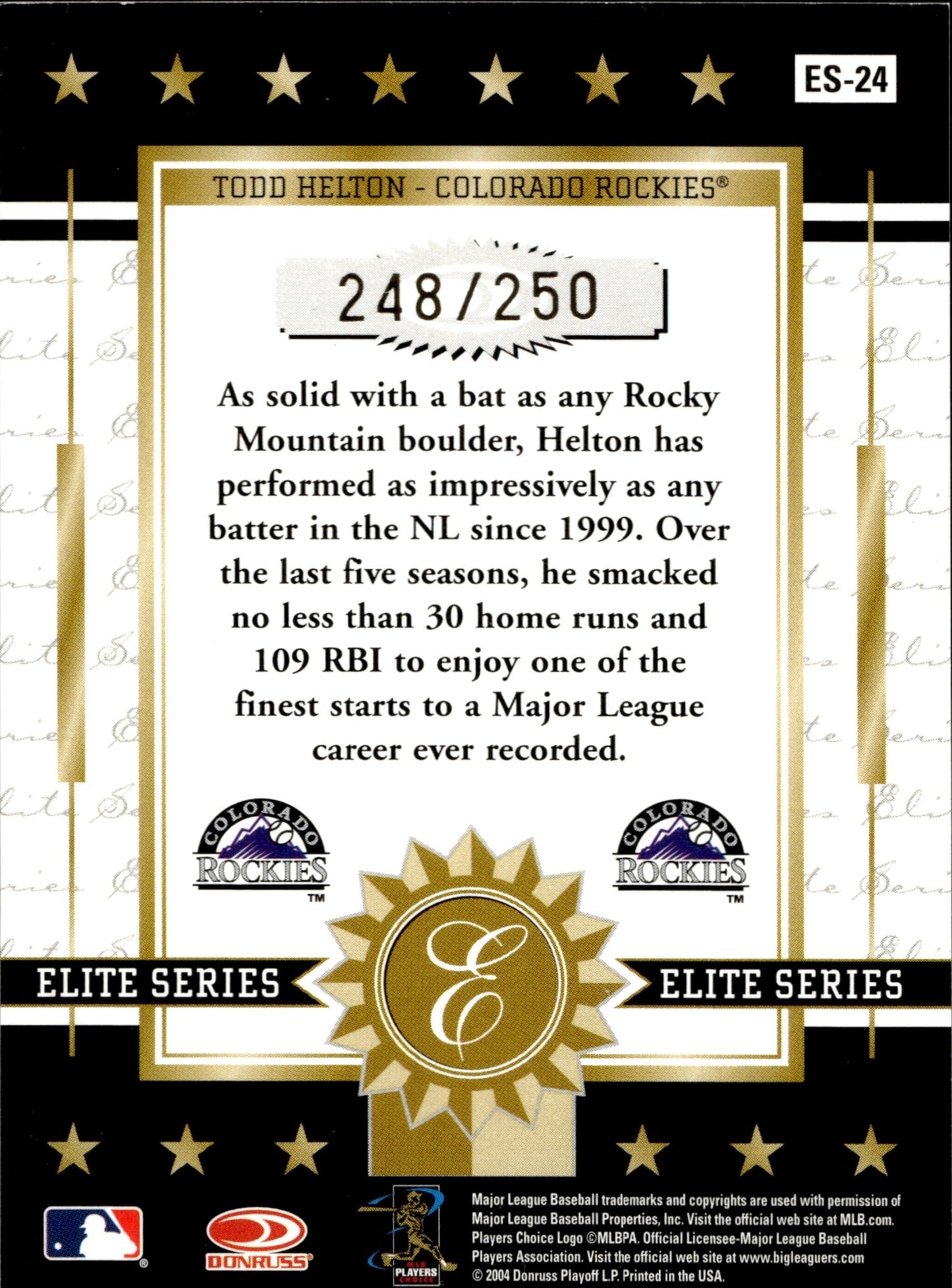 Todd Helton 2004 Donruss Elite Series 248/250 #ES - 24 - Collector Store LLC
