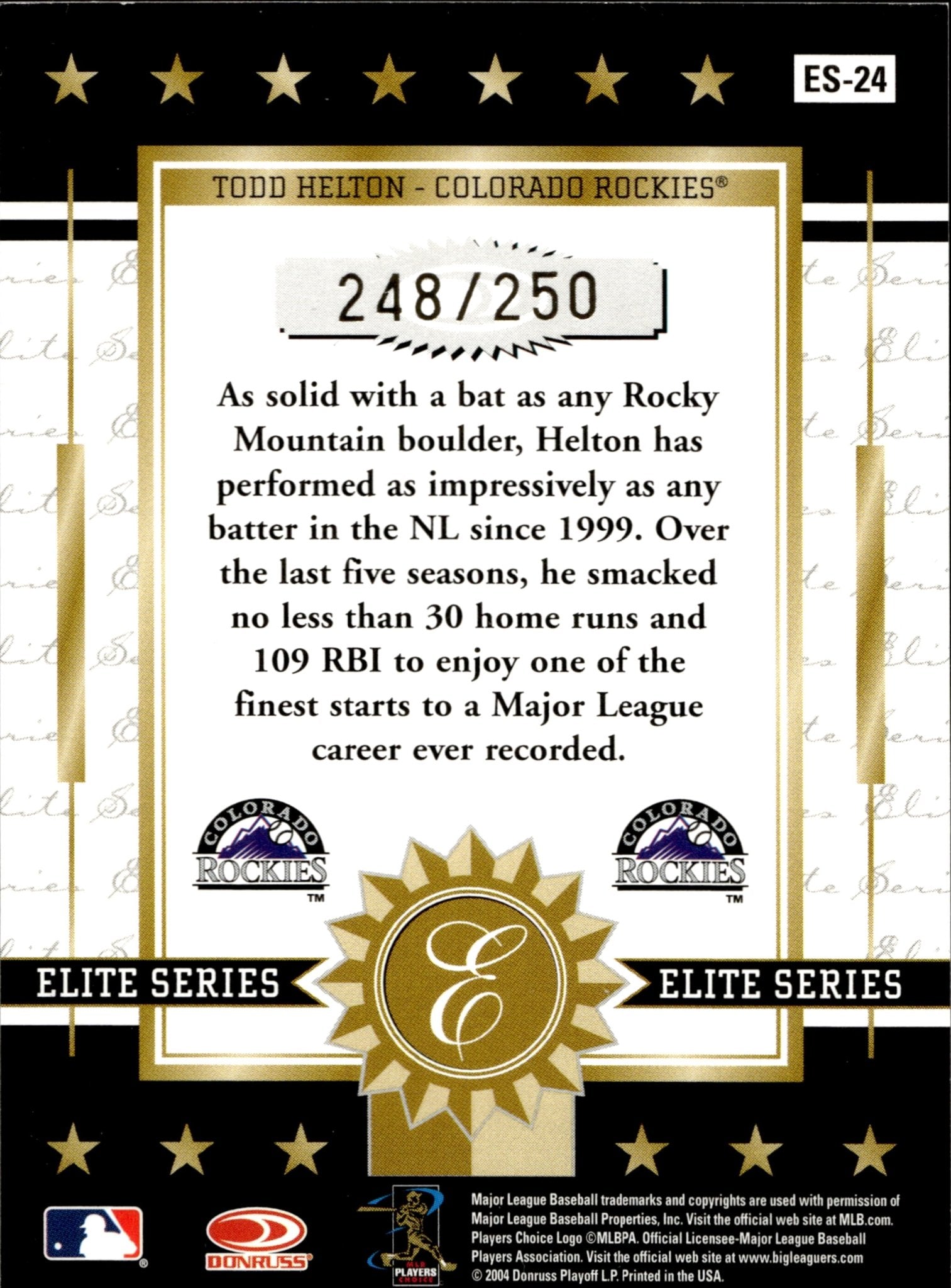 Todd Helton 2004 Donruss Elite Series 248/250 #ES - 24 - Collector Store LLC