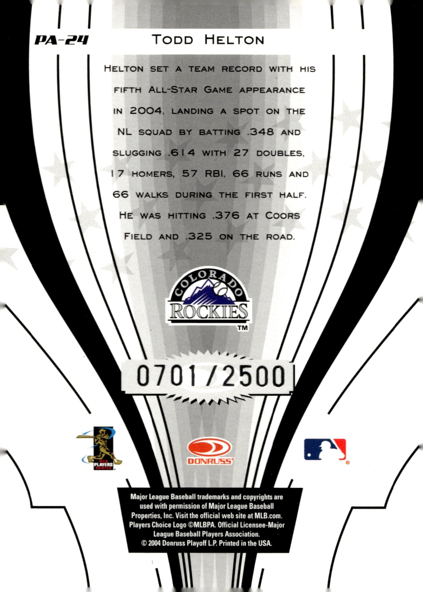 Todd Helton 2004 Donruss Power Alley 0701/2500 #PA - 24 - Collector Store LLC