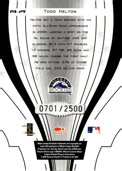 Todd Helton 2004 Donruss Power Alley 0701/2500 #PA - 24 - Collector Store LLC