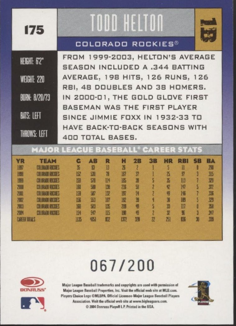 Todd Helton 2004 Donruss Press Proof 067/200 175 - Collector Store LLC