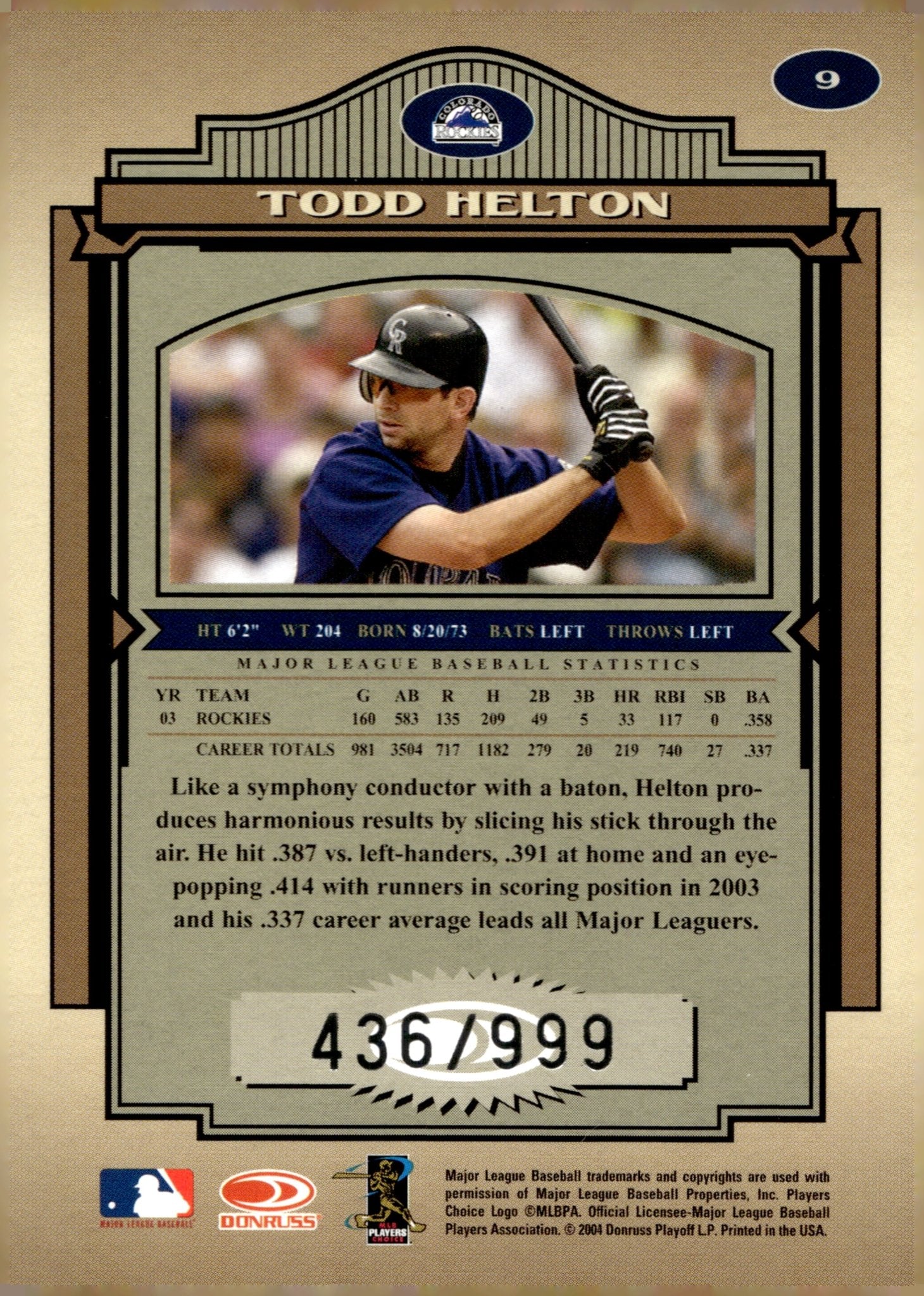 Todd Helton 2004 Donruss Timeless Treasures 436/999 #9 - Collector Store LLC
