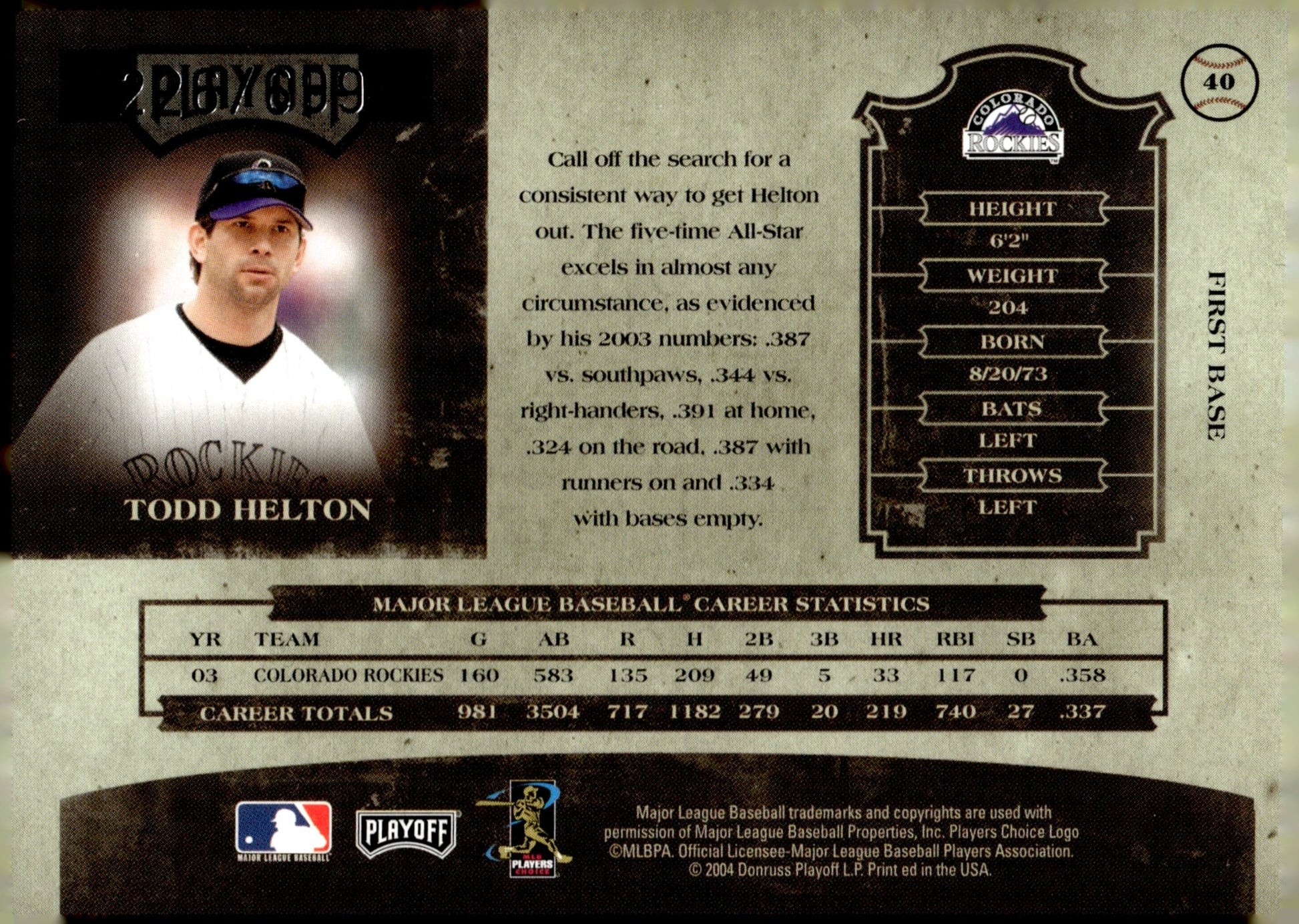 Todd Helton 2004 Playoff Prime Cuts 226/699 #40 - Collector Store LLC