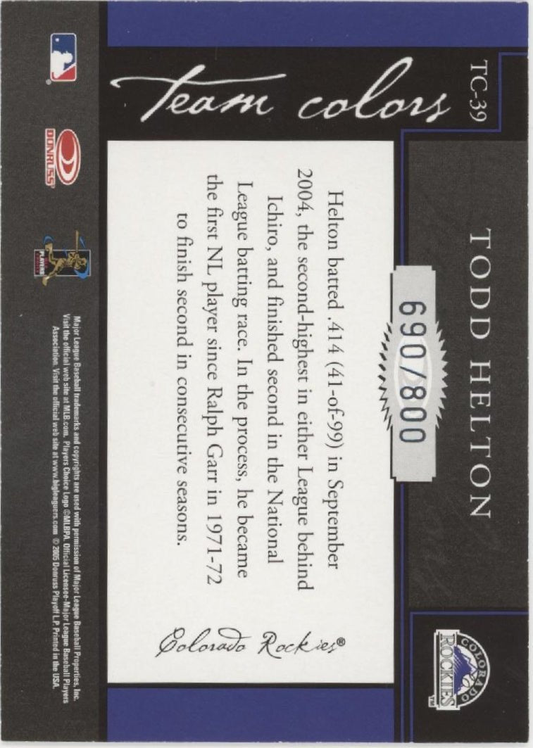 Todd Helton 2005 Donruss Classics Team Colors 690/800 #TC - 39 - Collector Store LLC