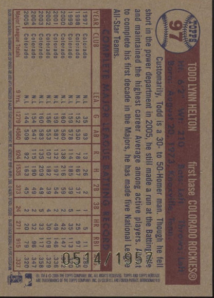 Todd Helton 2006 Topps Chrome Heritage 0514/1957 #97 - Collector Store LLC