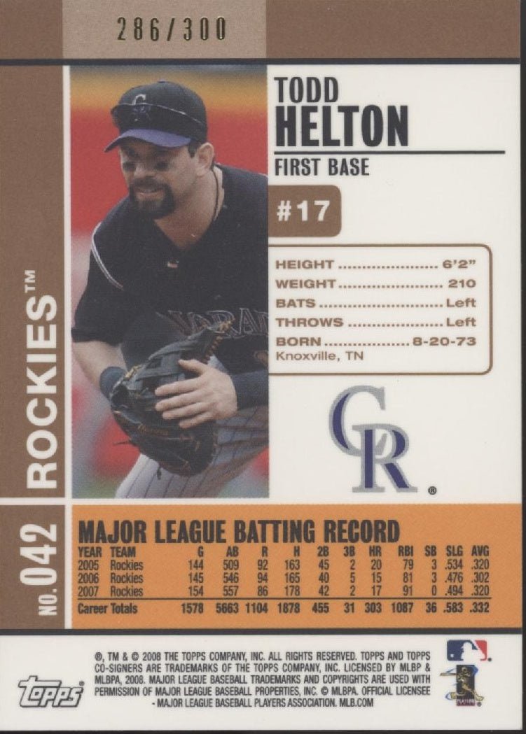 Todd Helton 2008 Topps Co - Signers 286/300 #042 - Collector Store LLC
