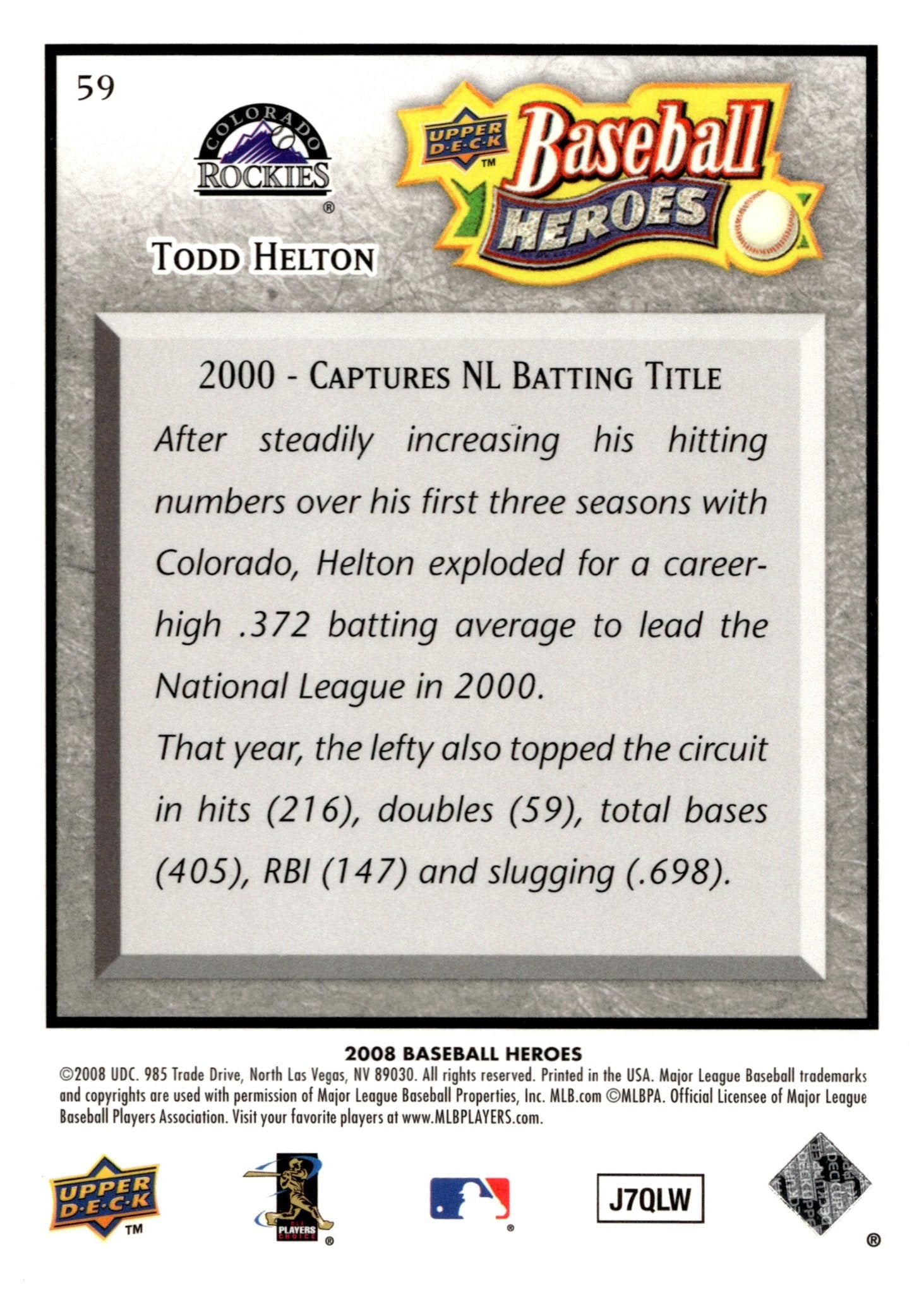 Todd Helton 2008 Upper Deck Baseball Heroes 380/399 #59 - Collector Store LLC
