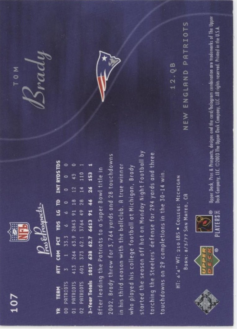 Tom Brady 2003 Upper Deck Pros & Prospects #107 - Collector Store LLC