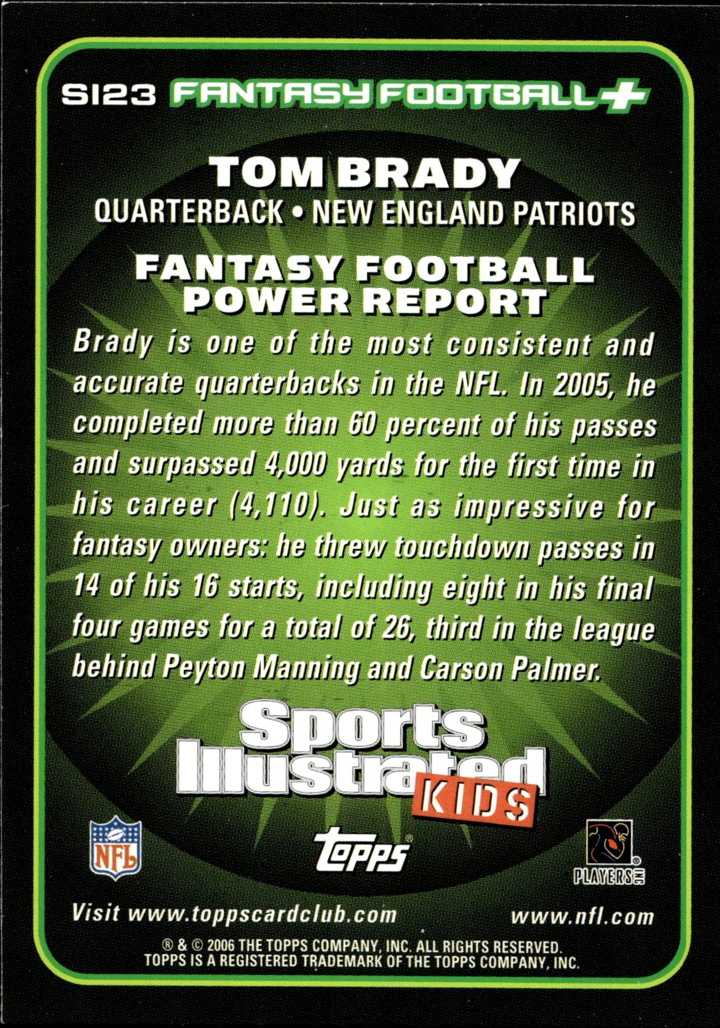 Tom Brady 2006 Topps Sports Illustrated Kids Fantasy Football+ #S123 - Collector Store LLC