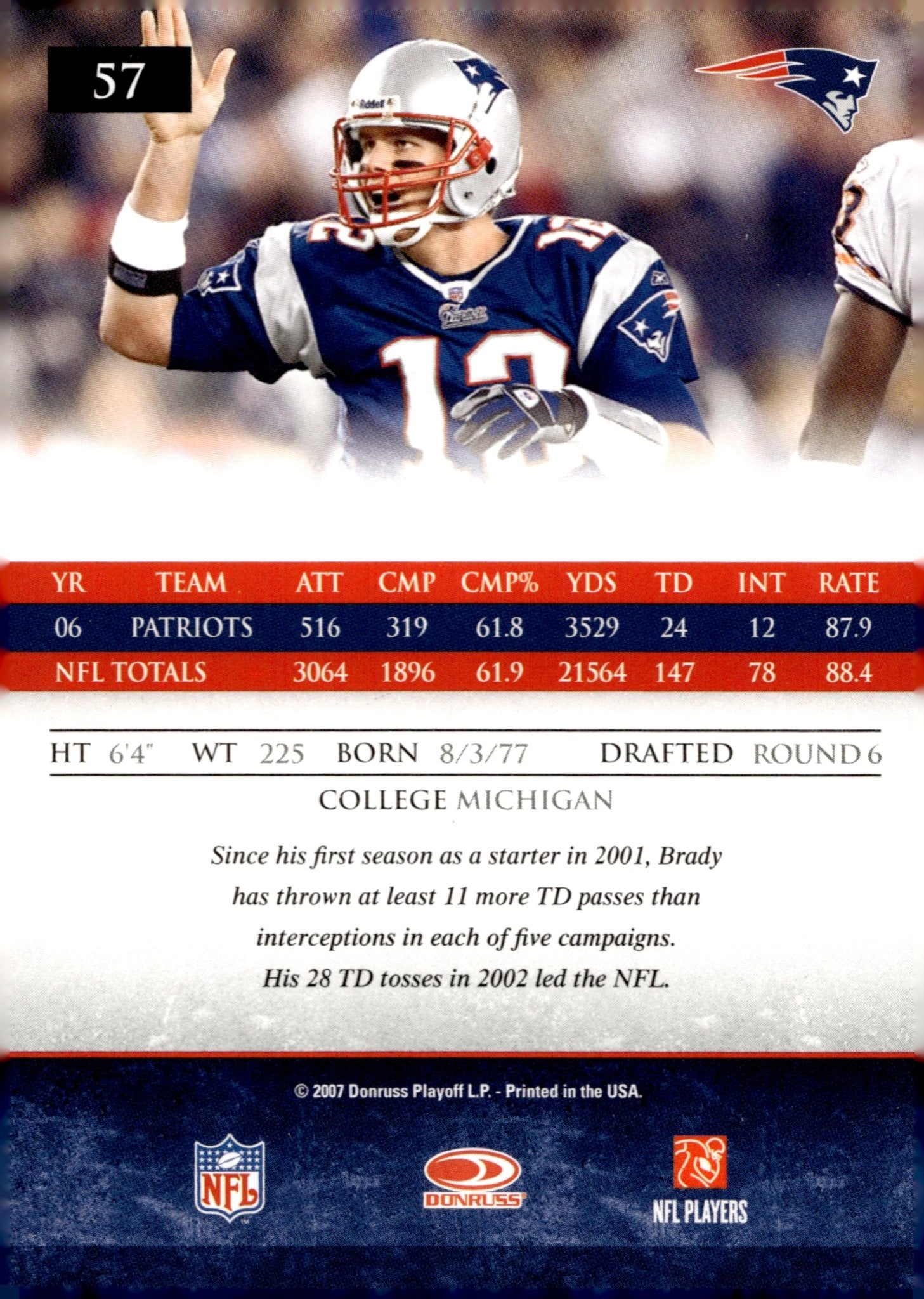 Tom Brady 2007 Donruss Gridiron Gear #57 - Collector Store LLC