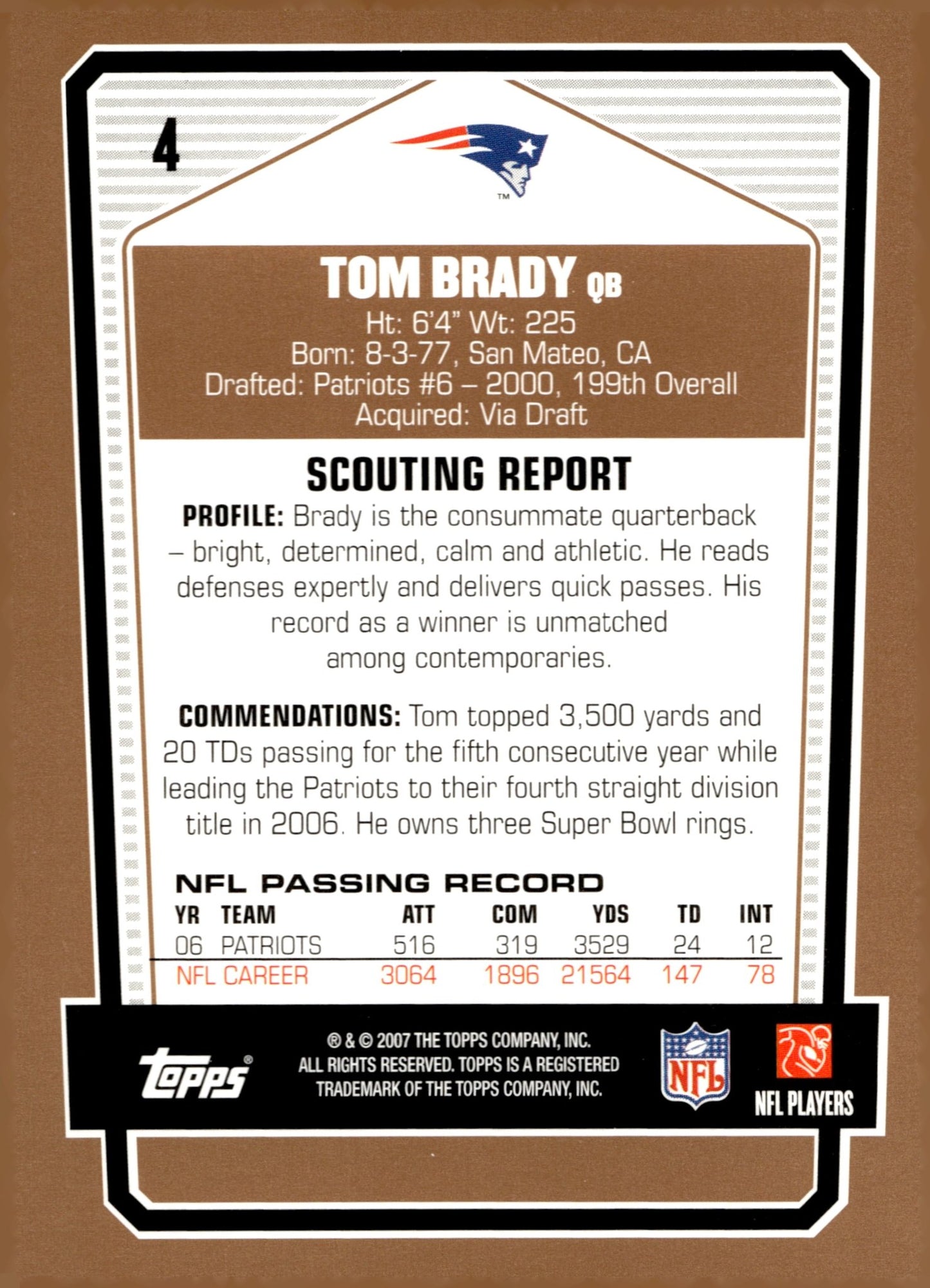 Tom Brady 2007 Topps Draft Picks & Prospects #4 #1 - Collector Store LLC