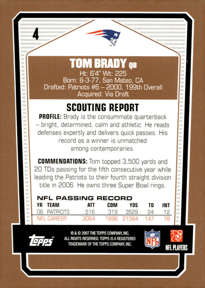 Tom Brady 2007 Topps Draft Picks & Prospects #4 #2 - Collector Store LLC