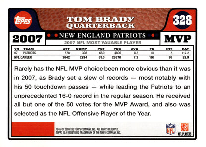 Tom Brady 2008 Topps NFL MVP #328 #1 - Collector Store LLC