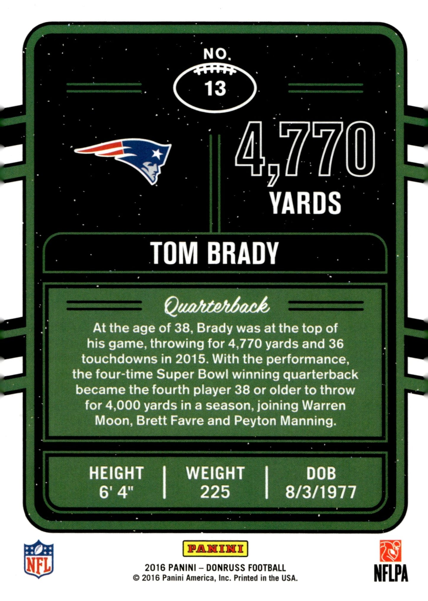 Tom Brady 2016 Panini Donruss Production Line 4,770 Yards #13 - Collector Store LLC