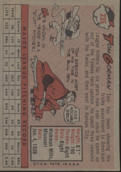 Tom Gorman 1958 Topps #235 Kansas City Athletics EX - Collector Store LLC