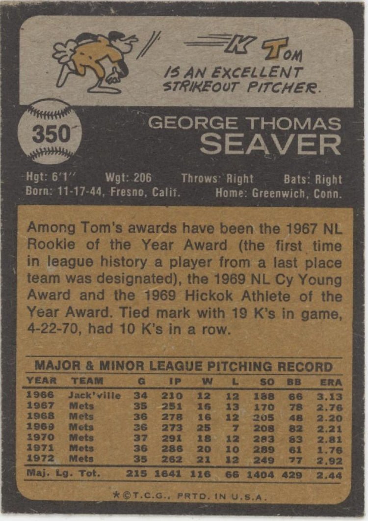 Tom Seaver 1973 Topps #350 New York Mets VG Stained - Collector Store LLC