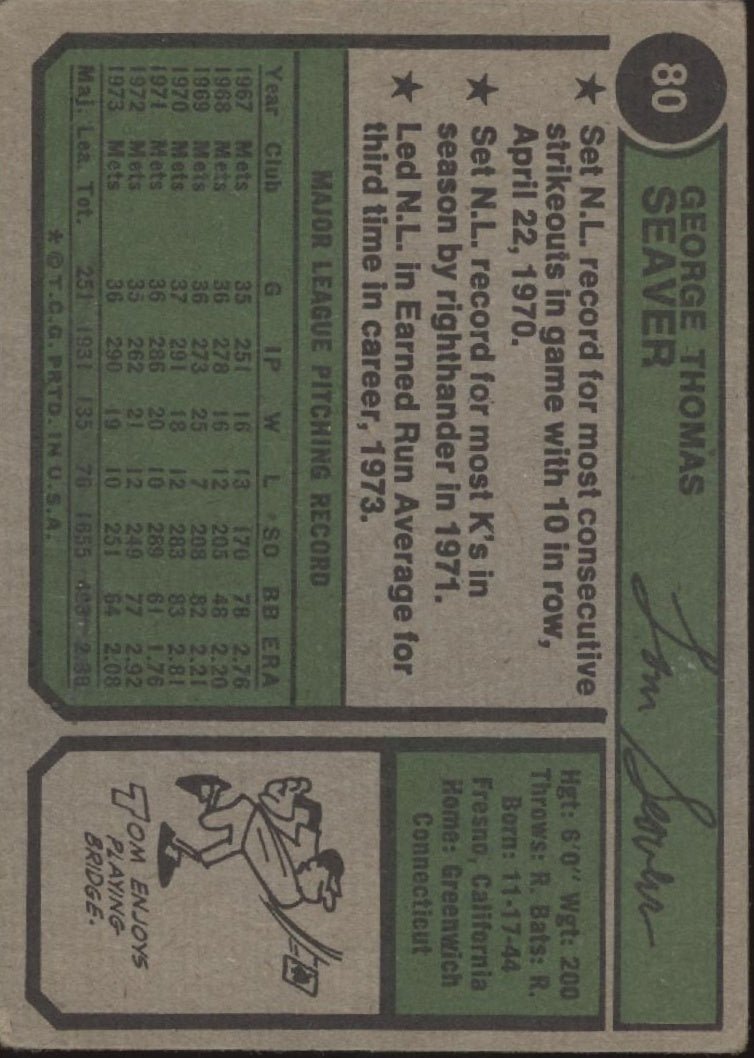 Tom Seaver 1974 Topps #80 New York Mets GD - Collector Store LLC