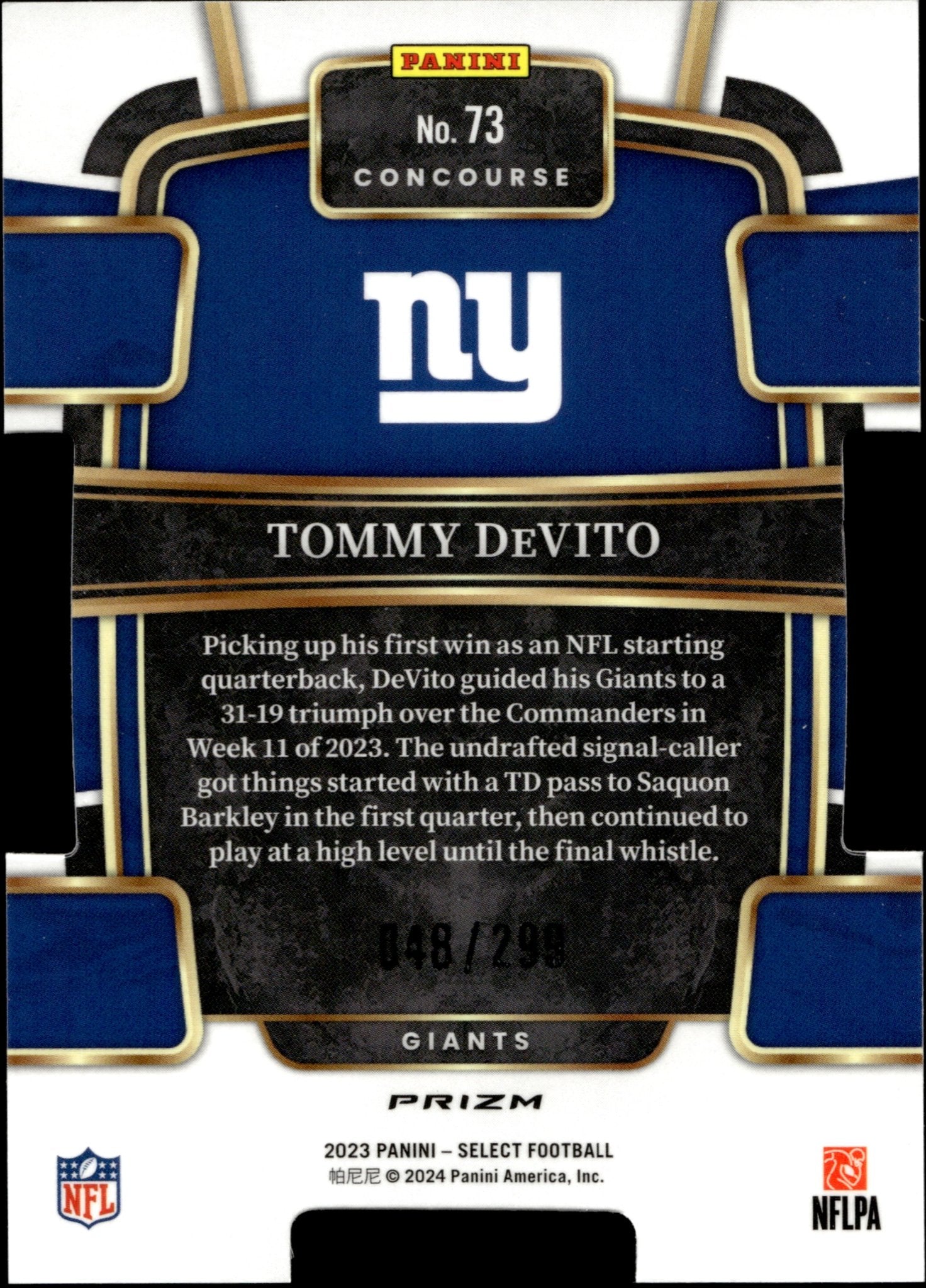 Tommy DeVito 2023 Panini Select Die - Cut Copper Prizm RC 48/299 #73 - Collector Store LLC