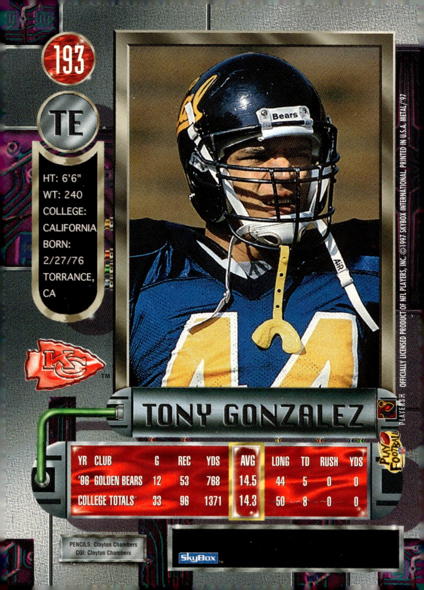 Tony Gonzalez 1997 Skybox Metal Universe RC #193 - Collector Store LLC