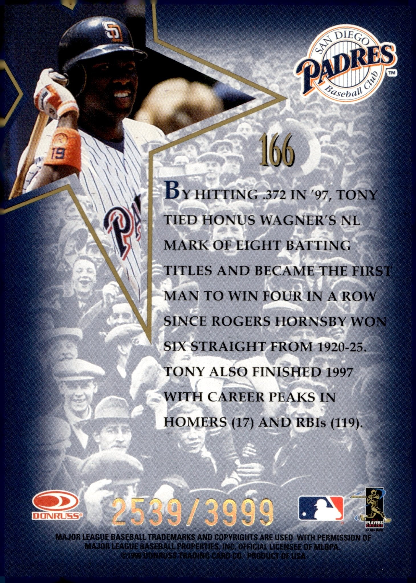 Tony Gwynn 1998 Leaf Fractal Foundation Gold Star 50th Anniversary 2539/3999 - Collector Store LLC