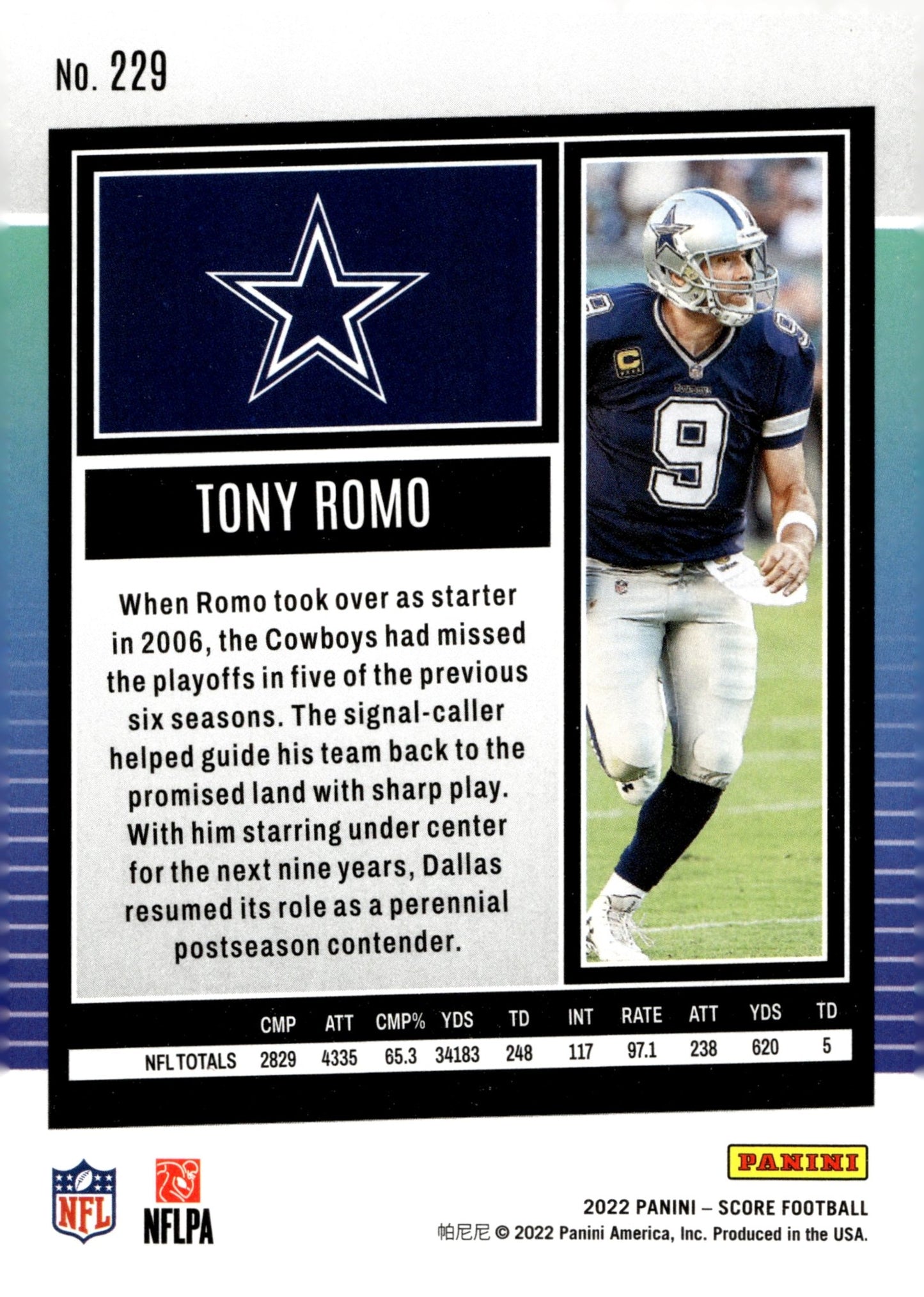 Tony Romo 2022 Panini Score Gold Zone Gold Foil 49/50 #229 - Collector Store LLC