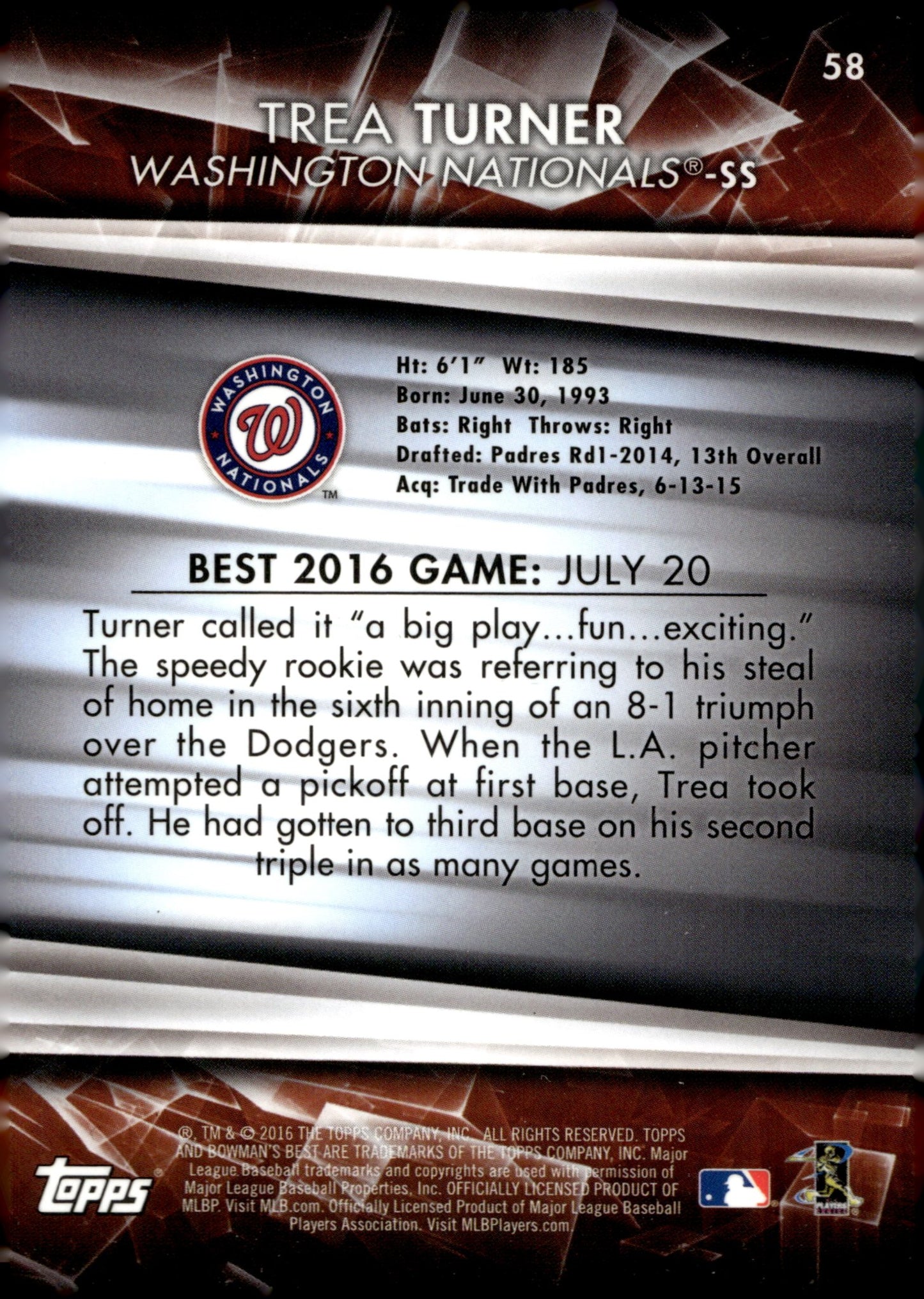 Trea Turner 2016 Bowman's Best RC #58 #1 - Collector Store LLC