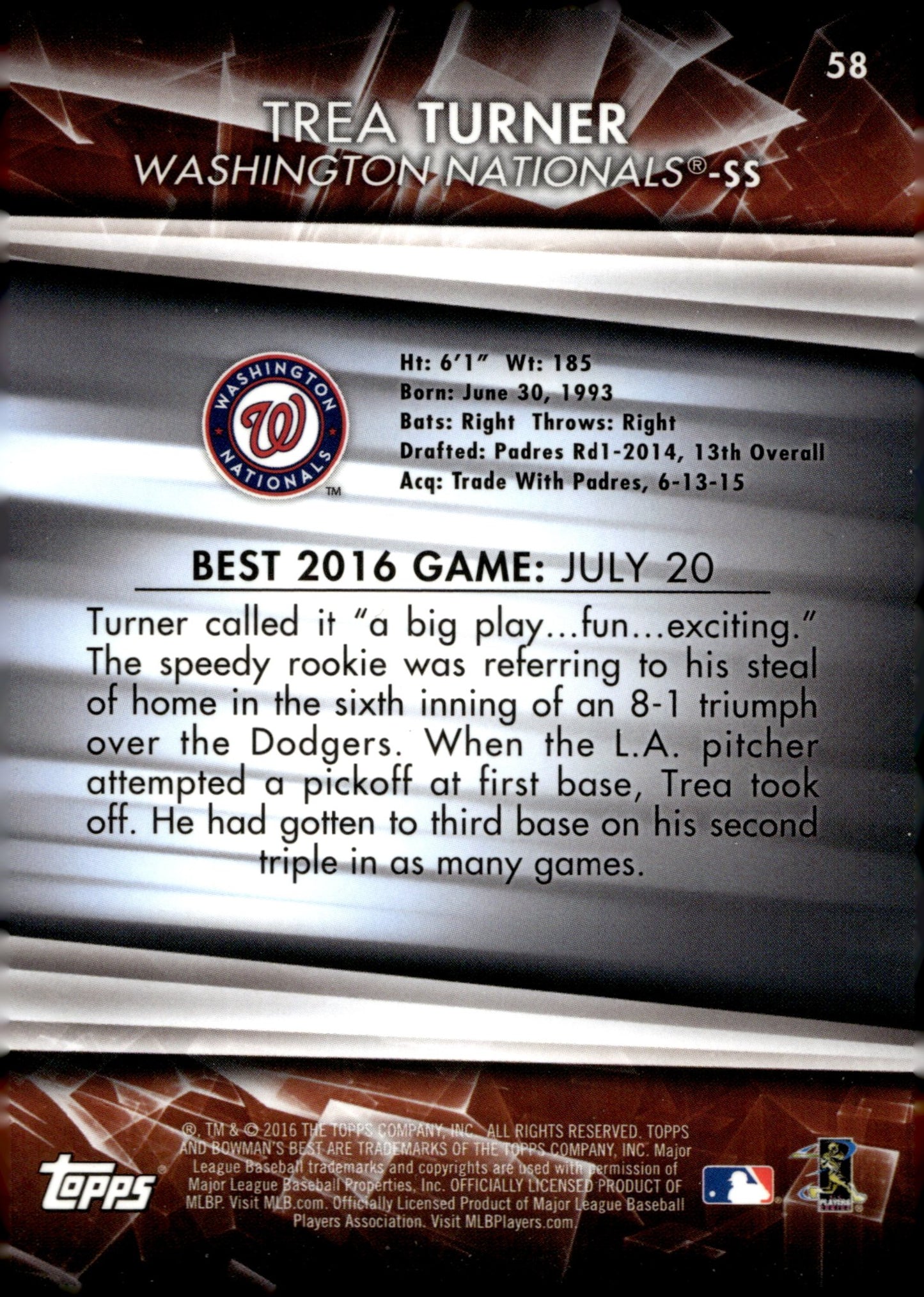 Trea Turner 2016 Bowman's Best RC #58 #2 - Collector Store LLC