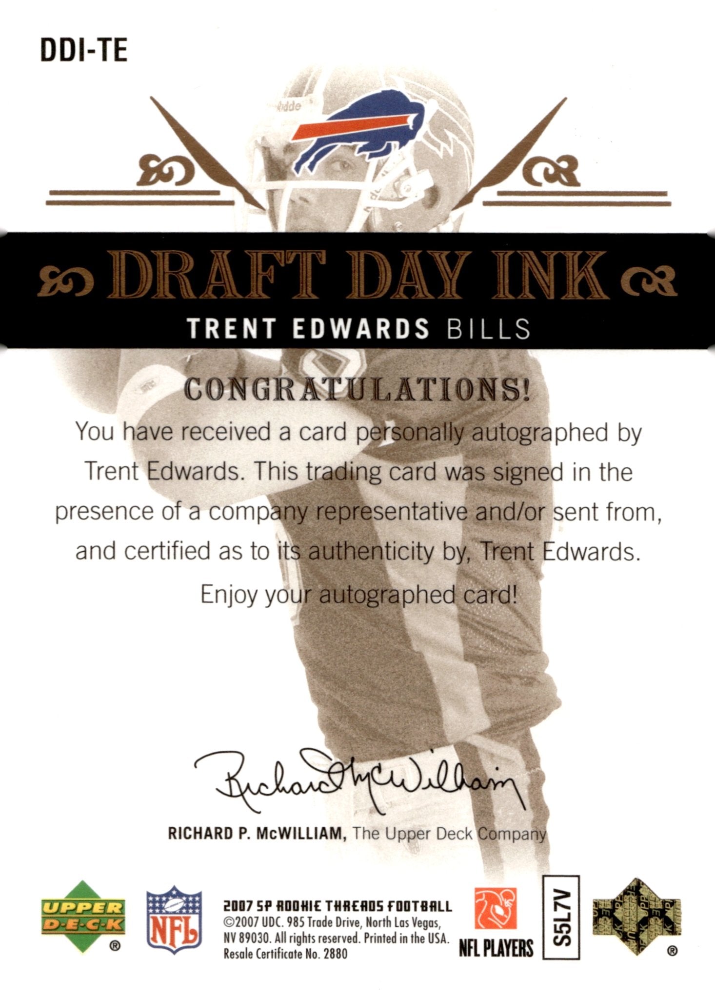 Trent Edwards 2007 Upper Deck SP Rookie Threads Draft Day Ink Auto #DDI - TE - Collector Store LLC