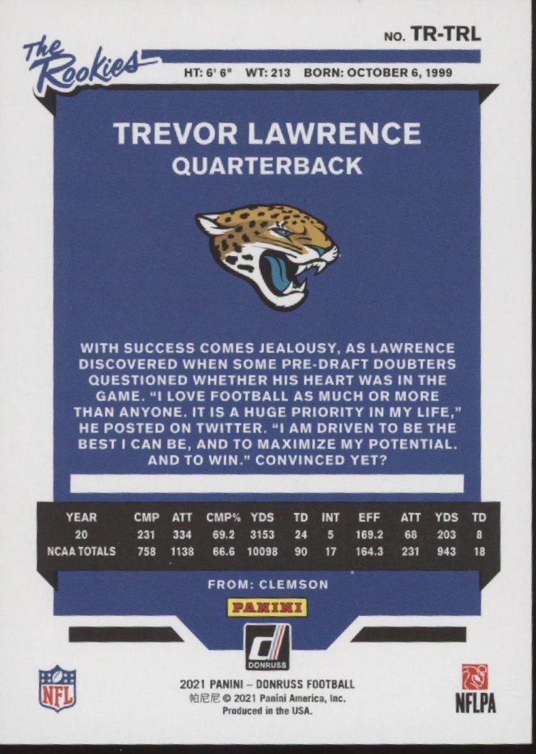 Trevor Lawrence 2021 Panini Donruss The Rookies RC #TR - TRL - Collector Store LLC