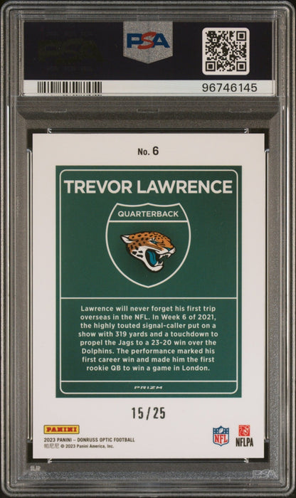 Trevor Lawrence 2023 Donruss Optic Intl Downtown Black Pandora Prizm /25 PSA 10 - Collector Store LLC