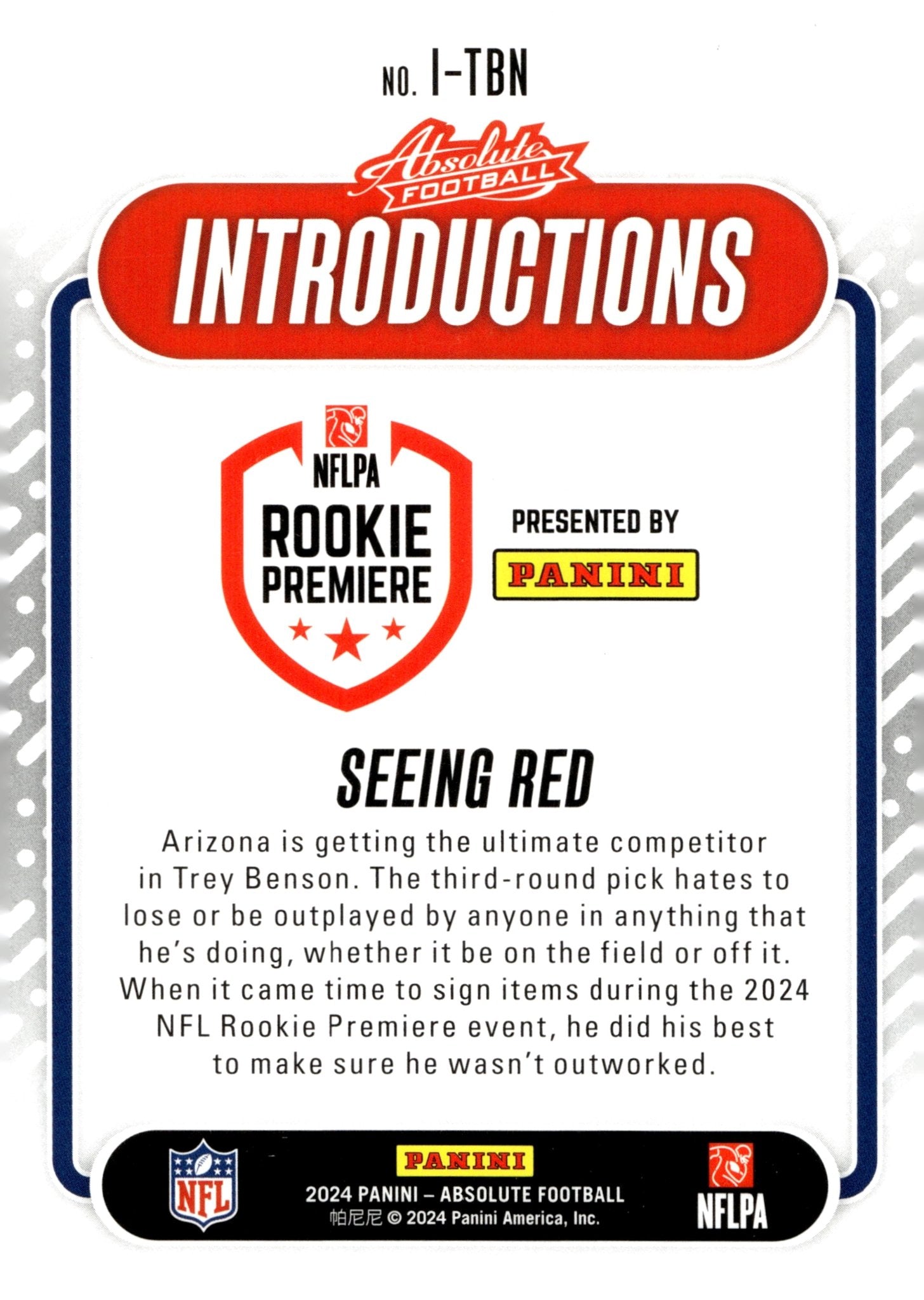 Trey Benson 2024 Panini Absolute Introductions Seeing Red #I - TBN - Collector Store LLC