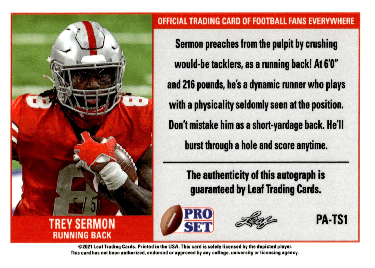 Trey Sermon 2021 Leaf Pro Set Purple Refractor RC Auto 5/50 #PA - TS1 - Collector Store LLC