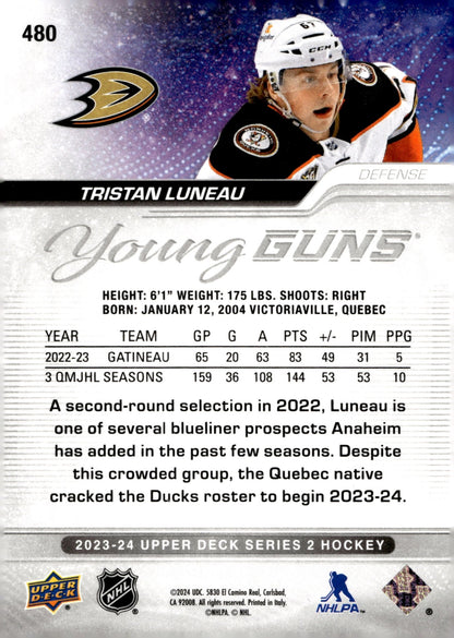 Tristan Luneau 2023 - 24 Upper Deck Series 2 Young Guns RC #480 - Collector Store LLC