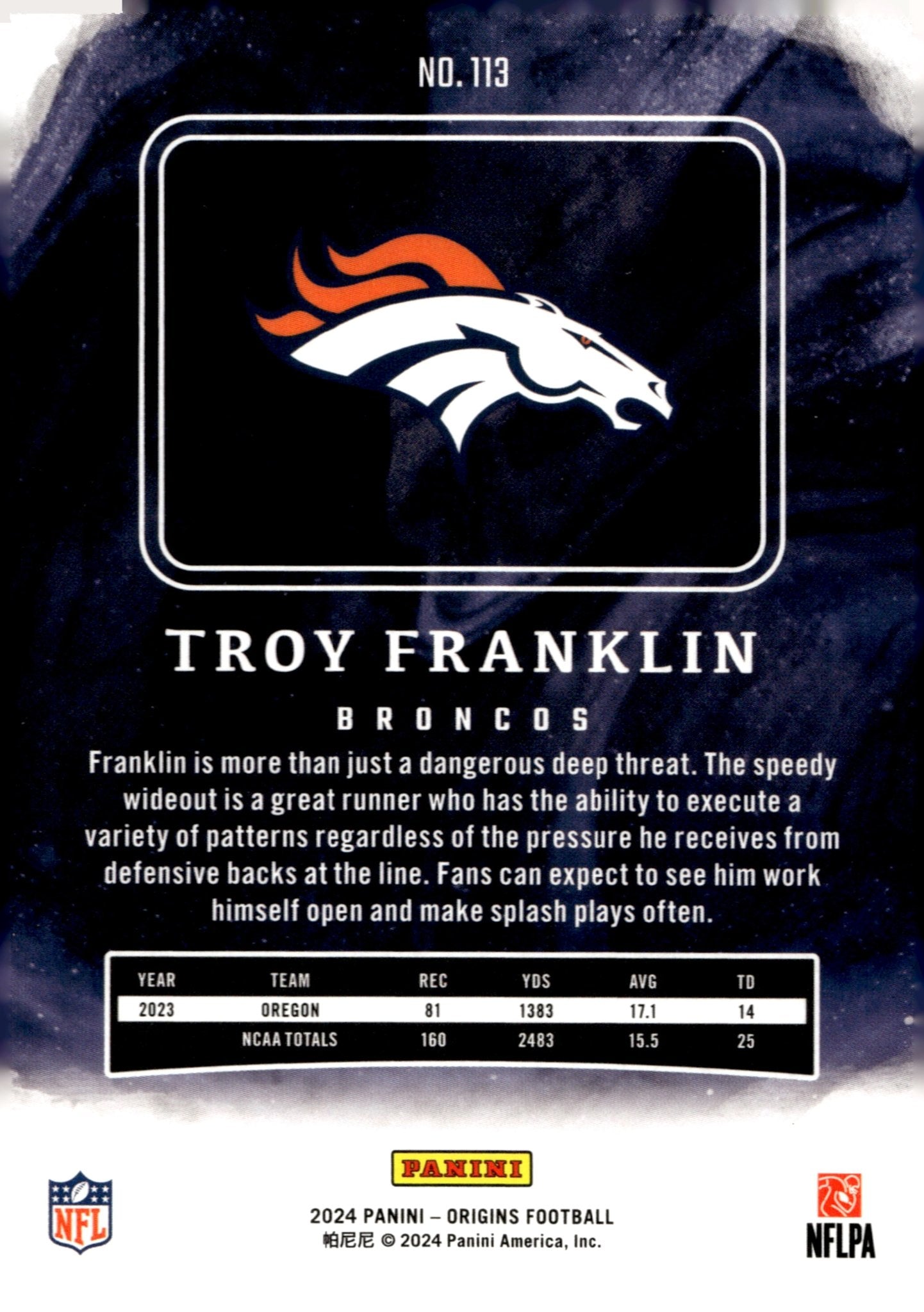 Troy Franklin 2024 Panini Origins RC #113 - Collector Store LLC