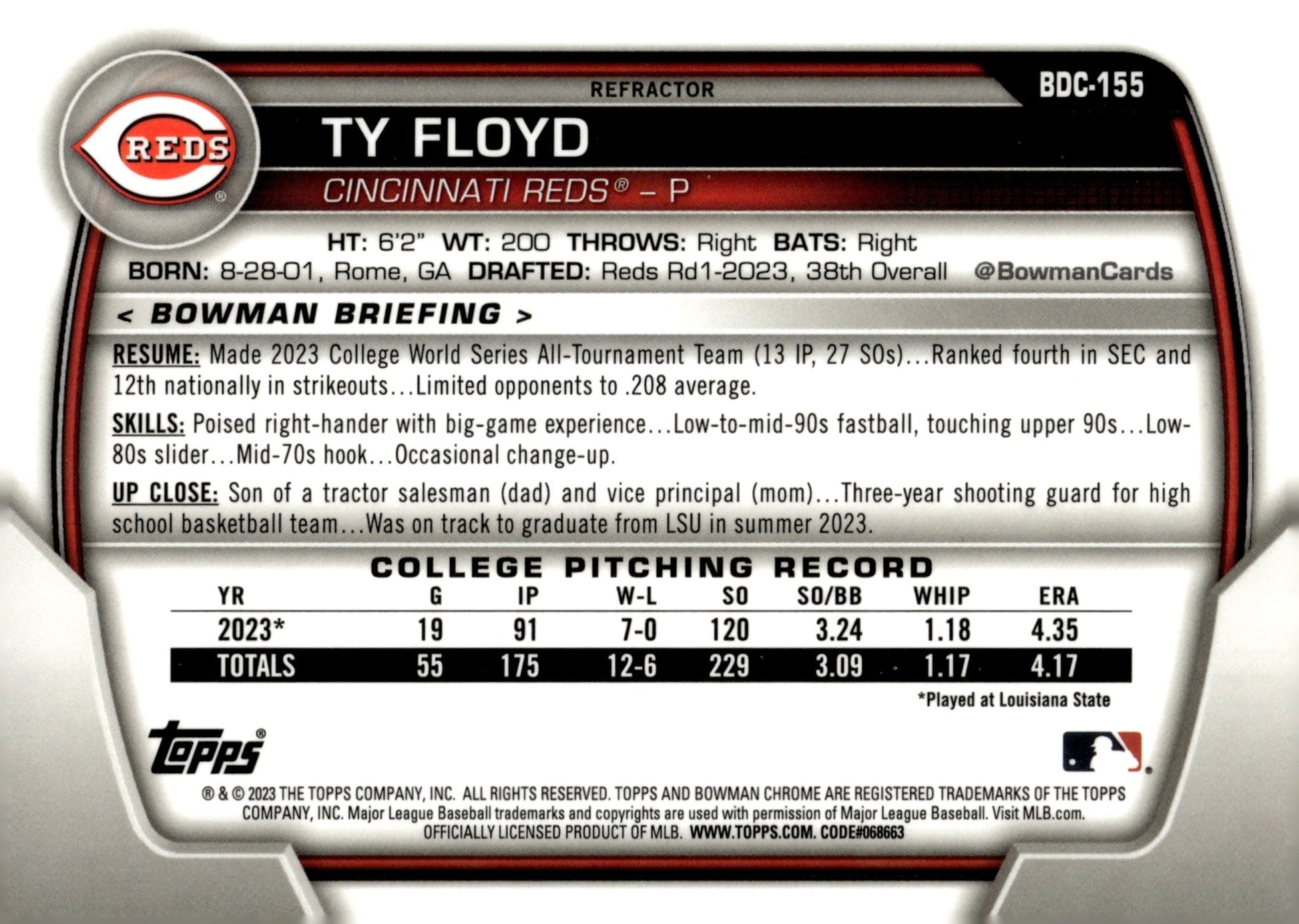 Ty Floyd 2023 Bowman Chrome Refractor #BDC - 155 - Collector Store LLC
