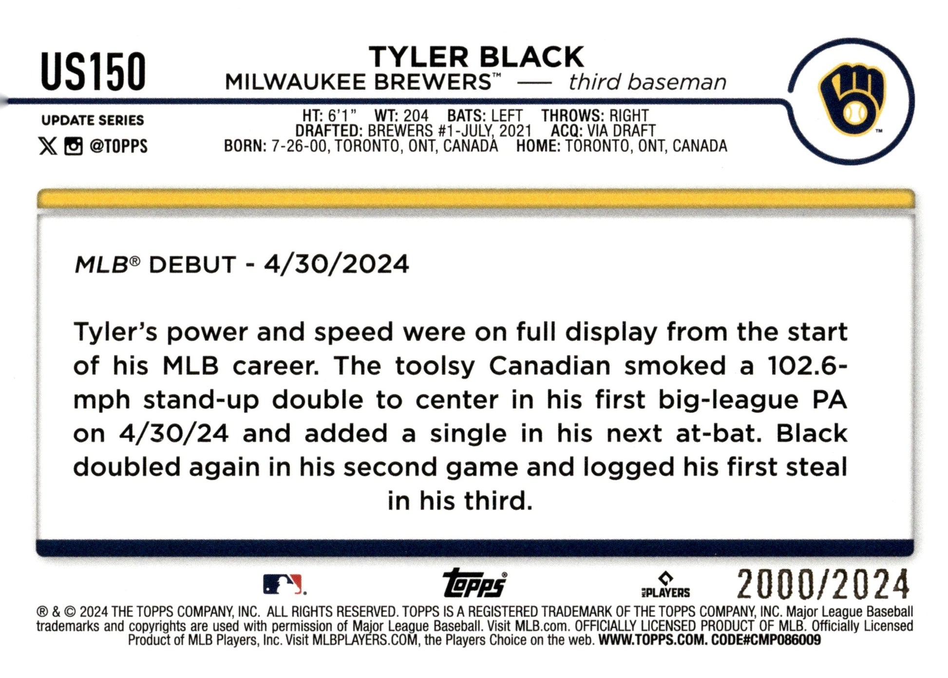 Tyler Black 2024 Topps Update Series Gold RC 2000/2024 #US150 - Collector Store LLC