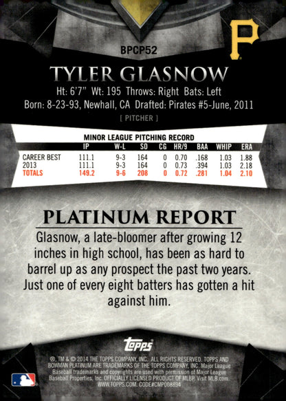 Tyler Glasnow 2014 Bowman Platinum Purple Refractor #BPCP52 - Collector Store LLC