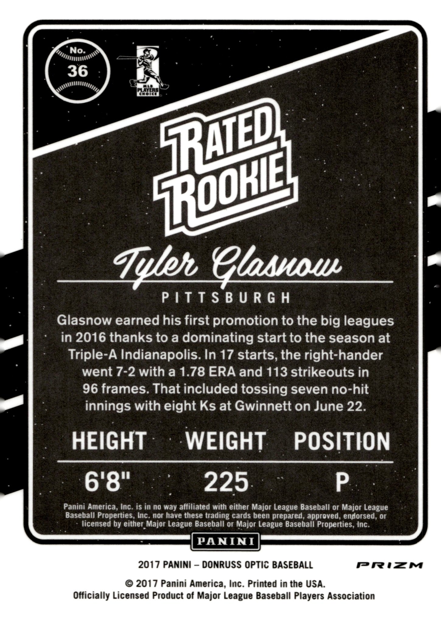 Tyler Glasnow 2017 Panini Donruss Optic Rated Rookie Prizm #36 - Collector Store LLC